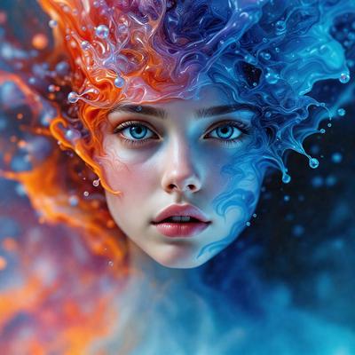 The primary subject of the image is a woman with blue eyes, who is the main focus of the scene. She is surrounded by a vibrant and colorful environment, which includes a mix of orange and blue colors. The setting appears to be a digital art or illustration, as the woman's features and the background are skillfully rendered. The overall atmosphere of the image is lively and captivating, with the woman's striking blue eyes being the main point of interest.